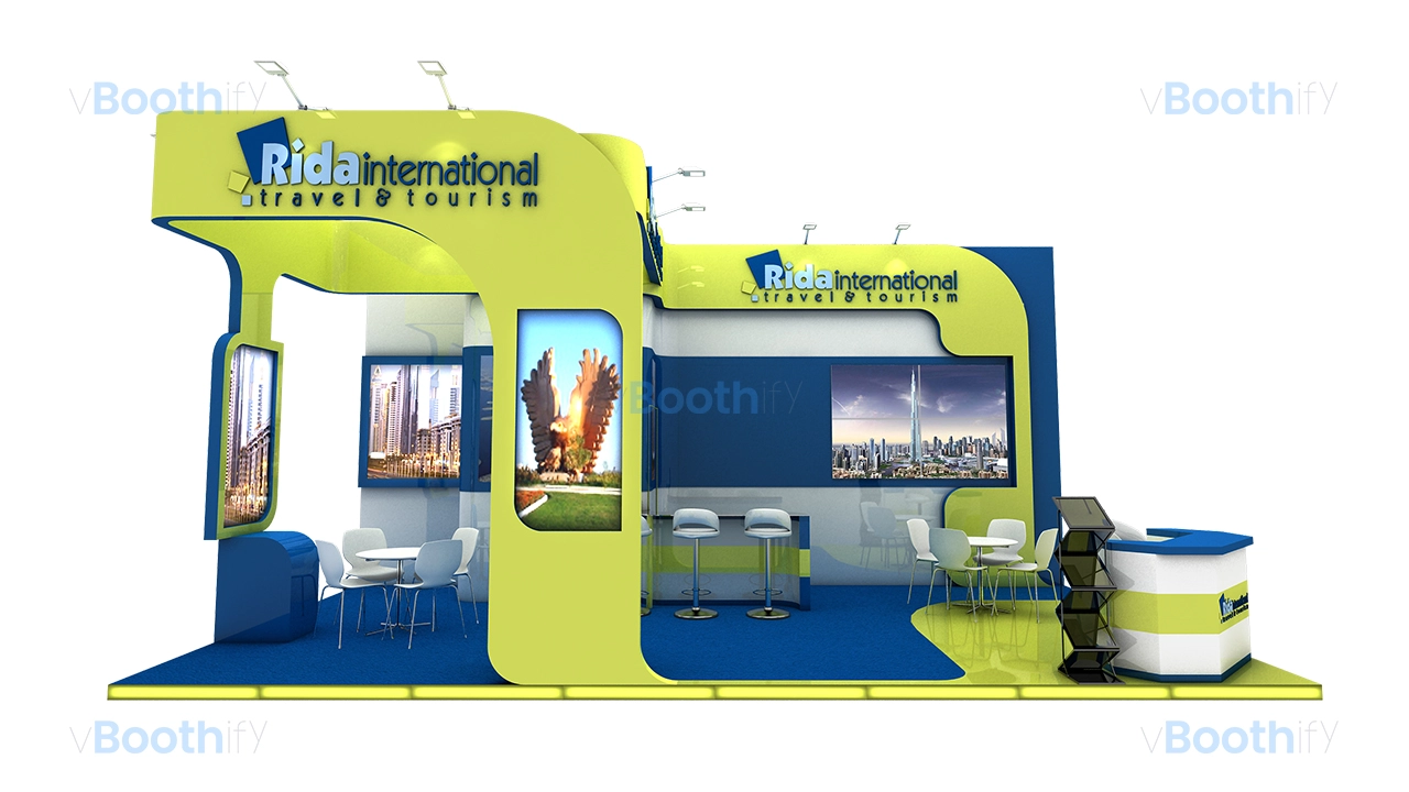 Front elevation of an editable 3D exhibition stand design in green and blue, featuring a curved canopy and reception desk.