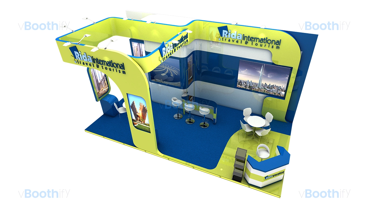 Aerial corner perspective of a free 3D booth model showing the blue carpet layout, bar counter, and overhead structure.