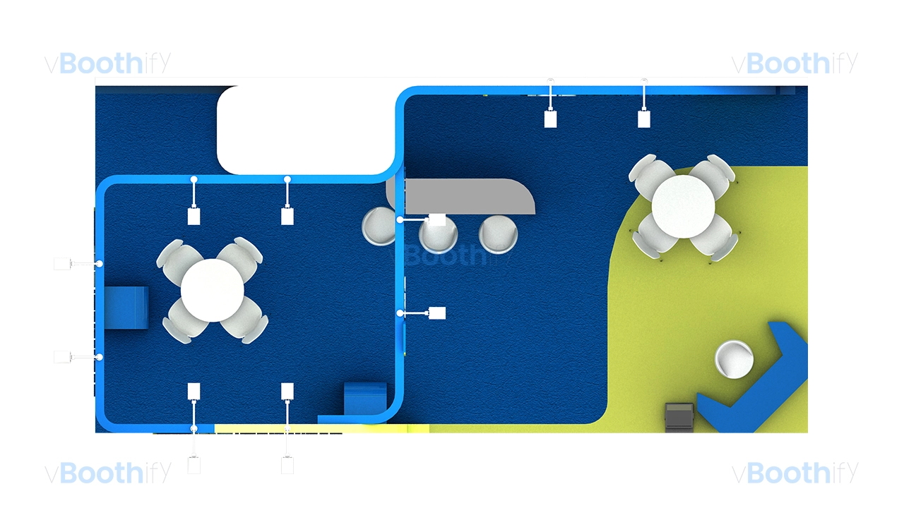 Top-down floor plan view of an editable exhibition booth model, displaying blue and green zoning with meeting tables.
