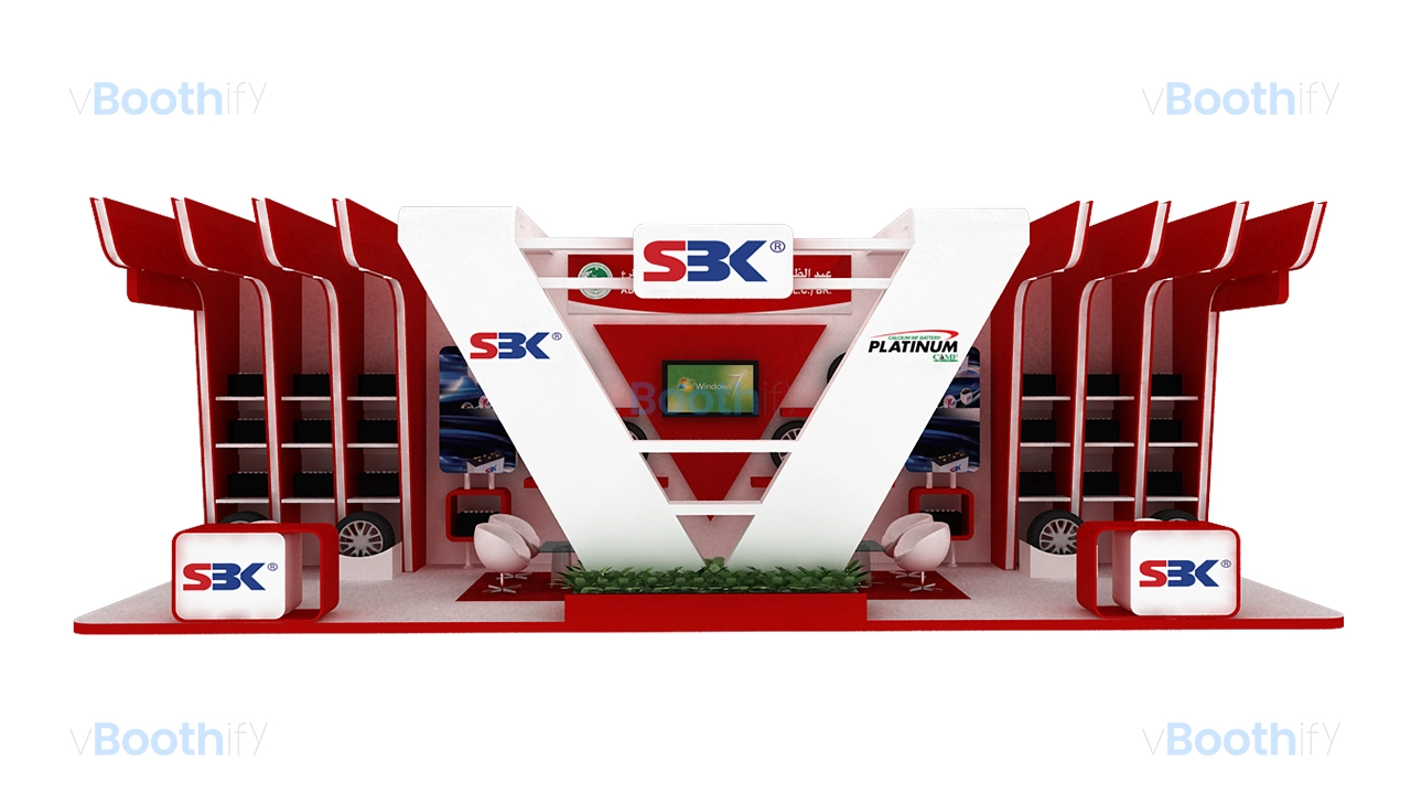 Front elevation render of red and white exhibition booth 3D model with V-shaped fascia and reception counters