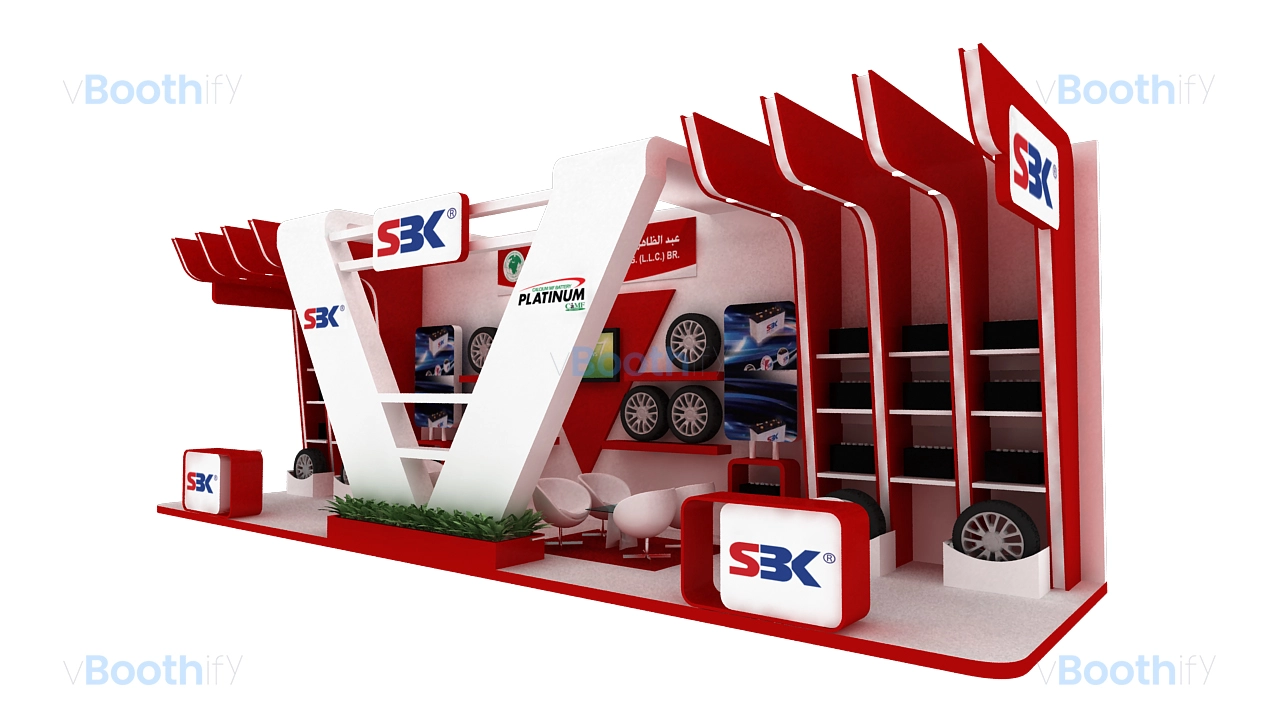 Perspective view of red and white exhibition stand design 3D model with automotive display shelves