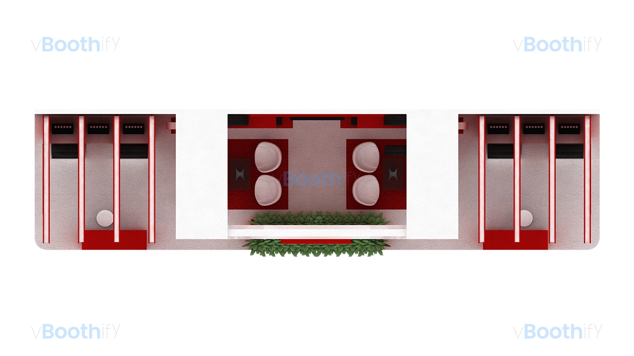 Top down orthographic layout view of red trade show booth 3D model showing furniture and seating arrangement
