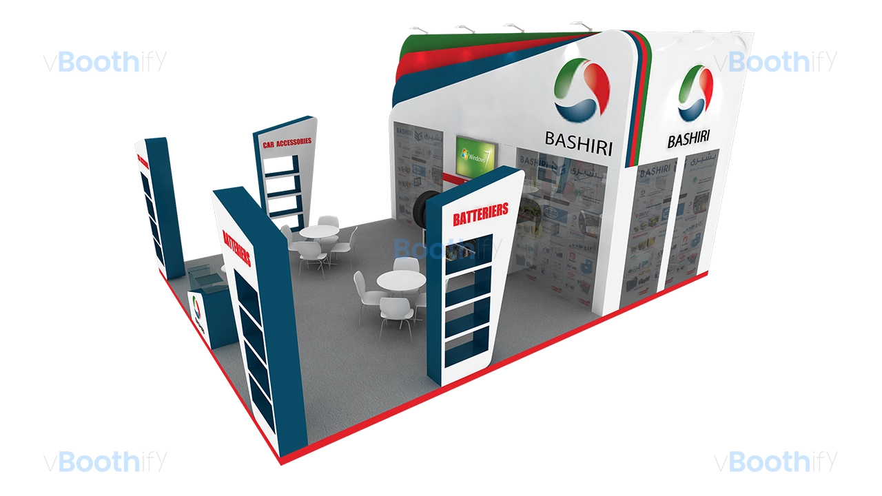 Elevated corner perspective of the Bashiri exhibition stand design with blue pillars, round tables, and graphic back wall.