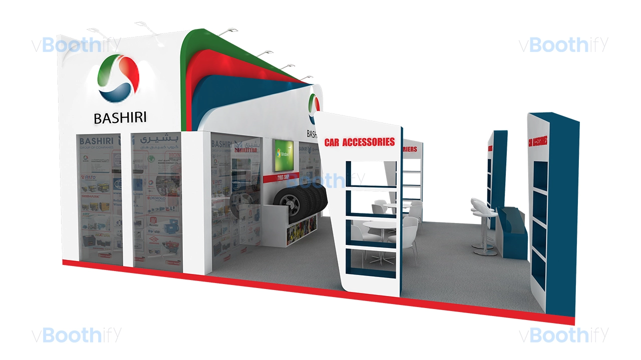 Side profile render of the Bashiri exhibition stand showing glass graphic walls, reception counter, and tire display.