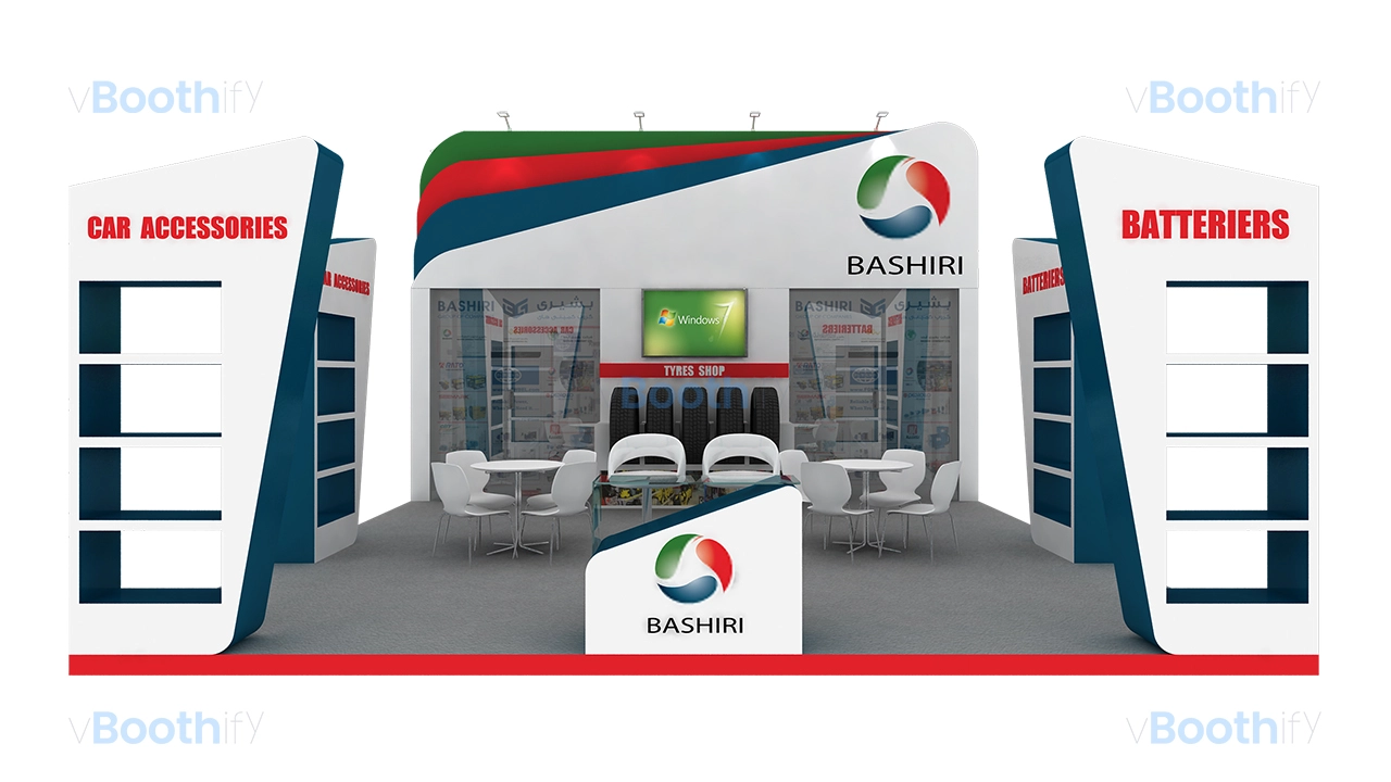 Front elevation view of the Bashiri exhibition stand model featuring symmetrical shelving pillars, central desk, and tables.