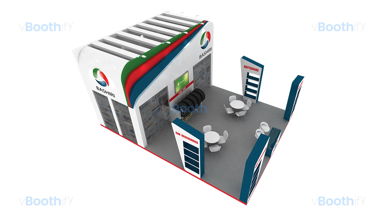 High-angle aerial perspective of the Bashiri exhibition booth showing the complete floor plan and roof structure.