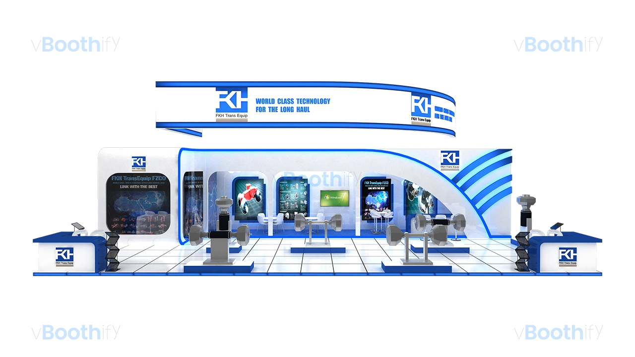 Aerial view of a free download 3D exhibition booth model showing white tiled floor layout, blue accents, and display stands.