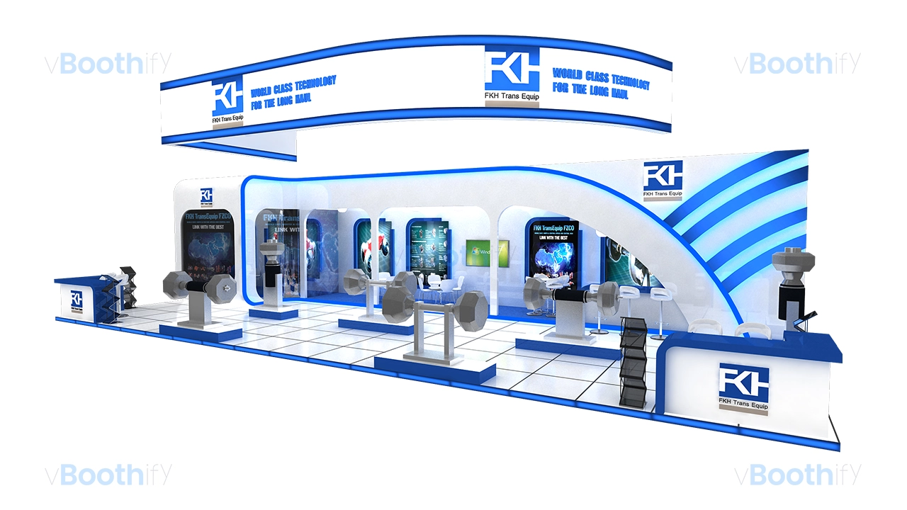 Front elevation of an editable 3D booth model featuring a curved hanging banner, white and blue panels, and product stands.
