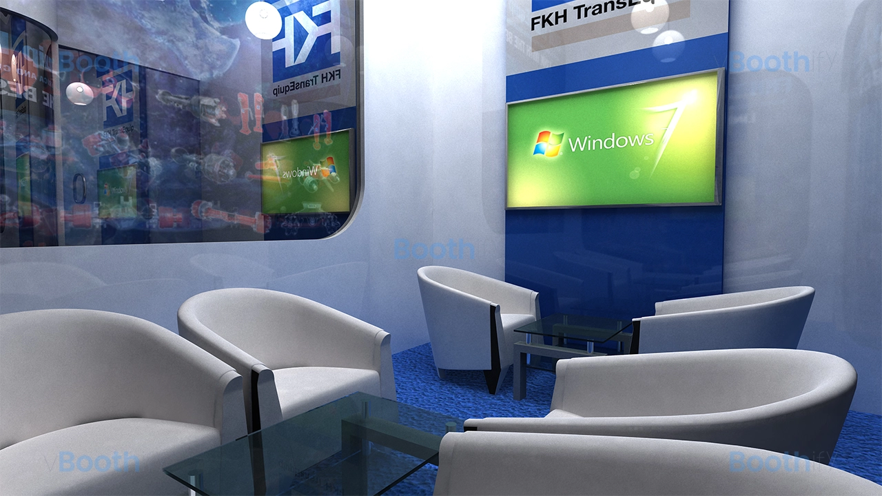 Right perspective render reference of a 3D booth model showing a corner reception desk, product displays, and arched walls.