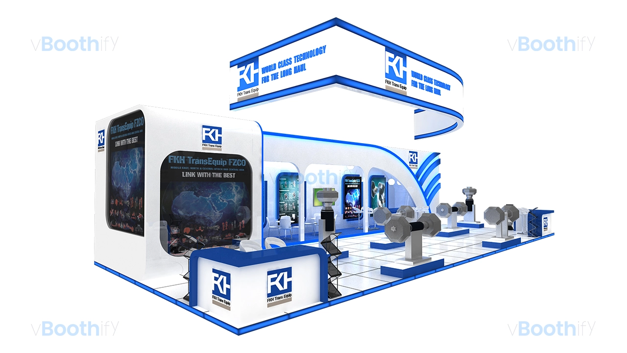 Interior close-up of a 3D exhibition stand design featuring white curved armchairs, glass tables, blue carpet, and a screen.