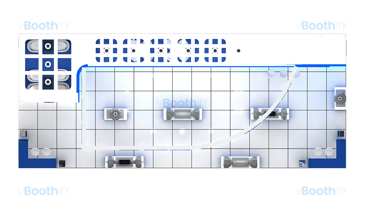 Left corner perspective of a free download 3D booth model displaying a large graphic wall, curved banner, and product stands.