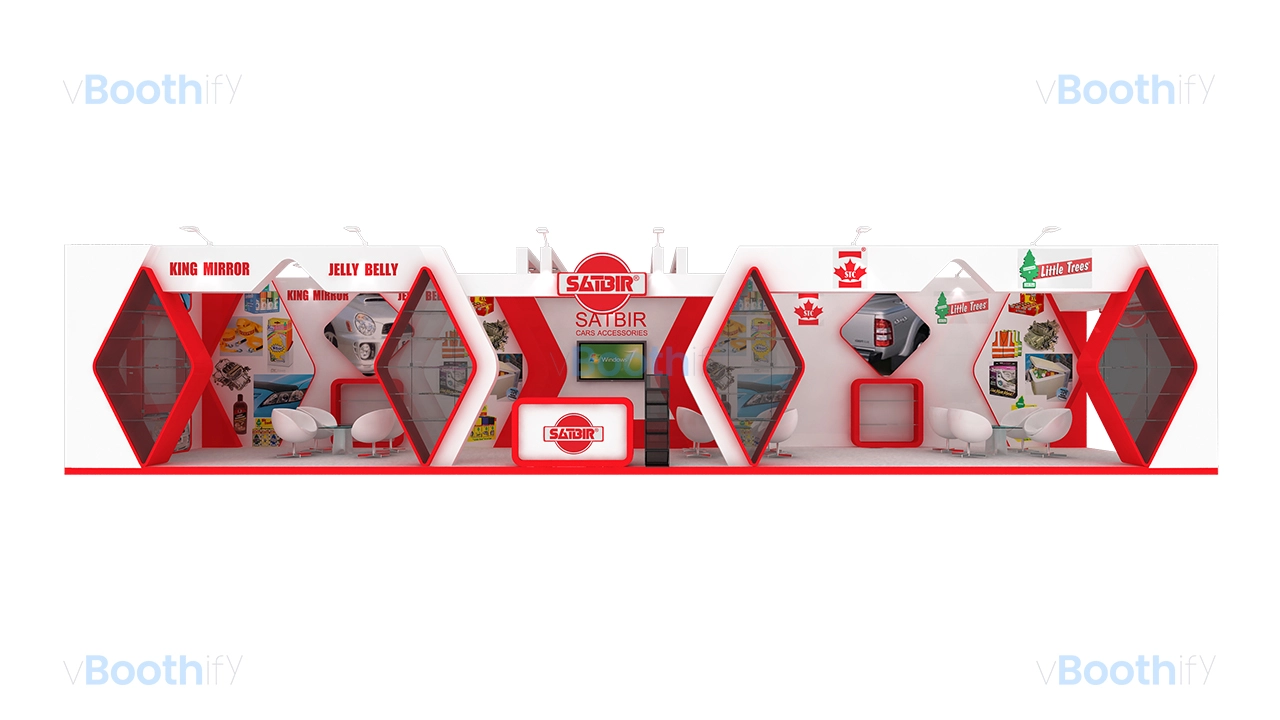 Front elevation of a long red and white 3D booth model featuring diamond-shaped display shelves, central counter, and white chairs.