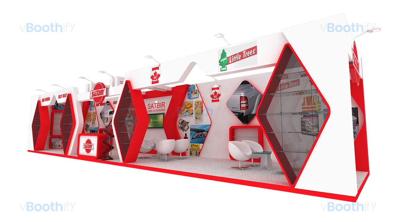 Corner perspective of an editable exhibition stand design showing overhanging spotlight headers and protruding diamond display cases.