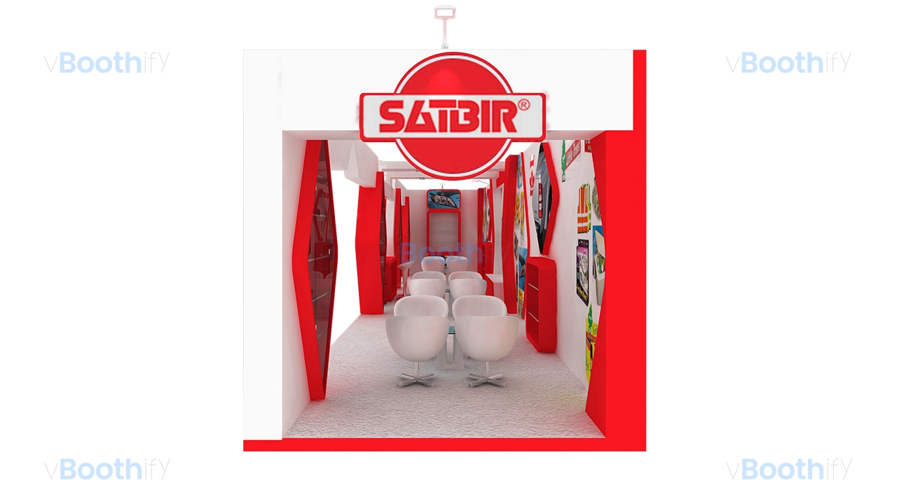 Side view of a 3D booth model for Blender showing a suspended circular logo sign and narrow red structural corridor.