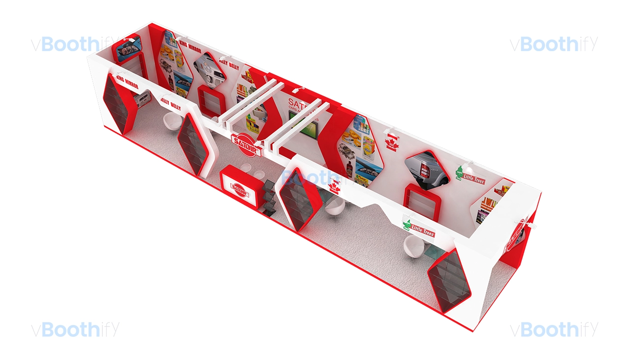 Aerial perspective of a red exhibition stand design showing open layout, structural cross-beams, and interior wall graphics.
