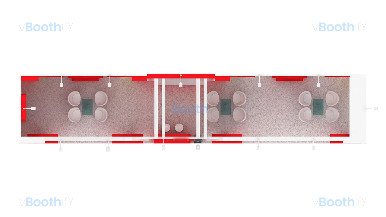 Top-down floor plan view of a free download 3D booth model, detailing three seating zones, center desk, and structural beams.