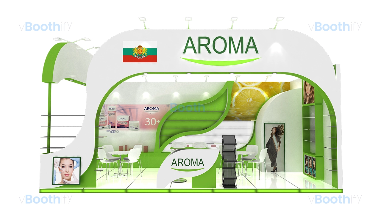 Front elevation of a green and white cosmetics exhibition stand design with a curved fascia, meeting tables, and graphics.
