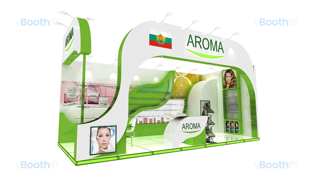 Left corner perspective of a 3D booth model showing a white reception counter, zig-zag brochure stand, and arm lights.