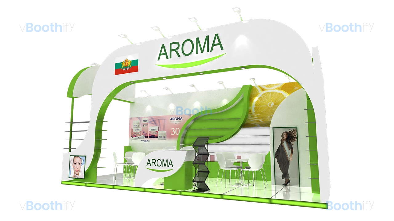 Right corner perspective of an exhibition stand design featuring a meeting area, glass shelving, and a hair model graphic.