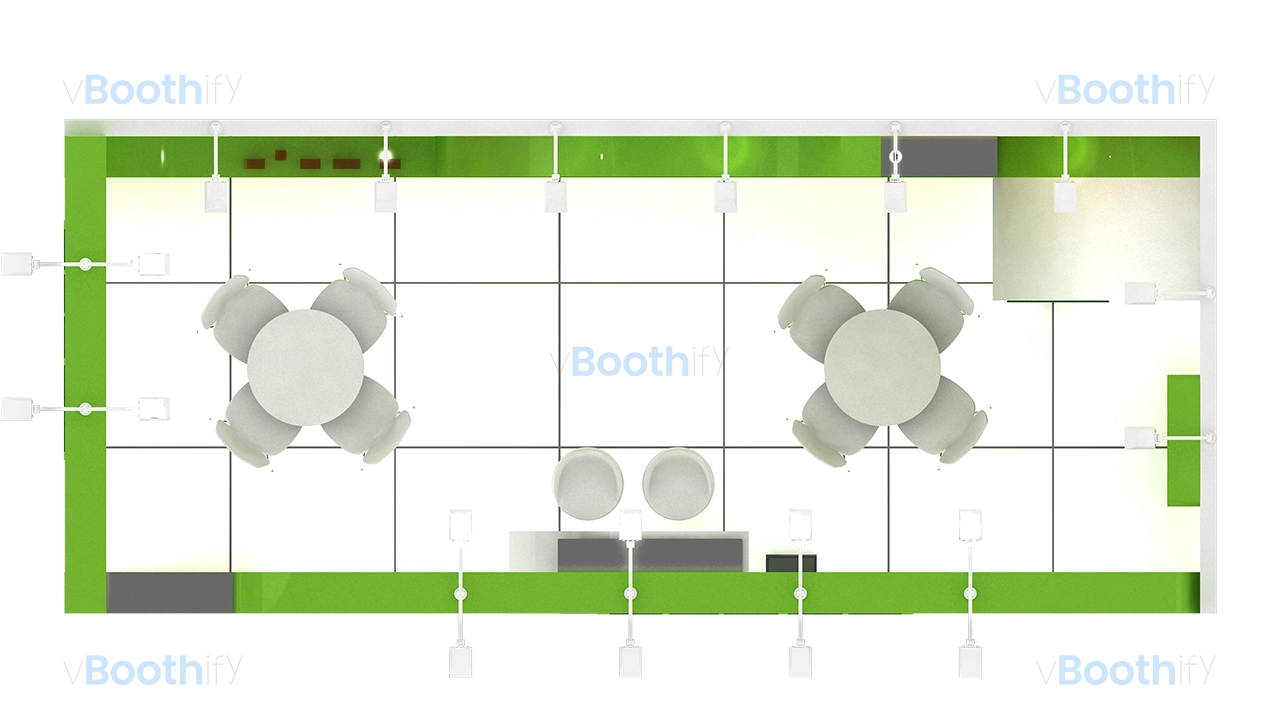 Top plan view of an editable 3D booth model showing white floor tiles, two circular meeting tables, and overhead lights.