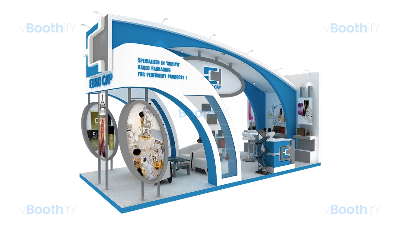Corner perspective 3D booth model of a blue and white exhibition stand featuring circular lightboxes and interior lounge.