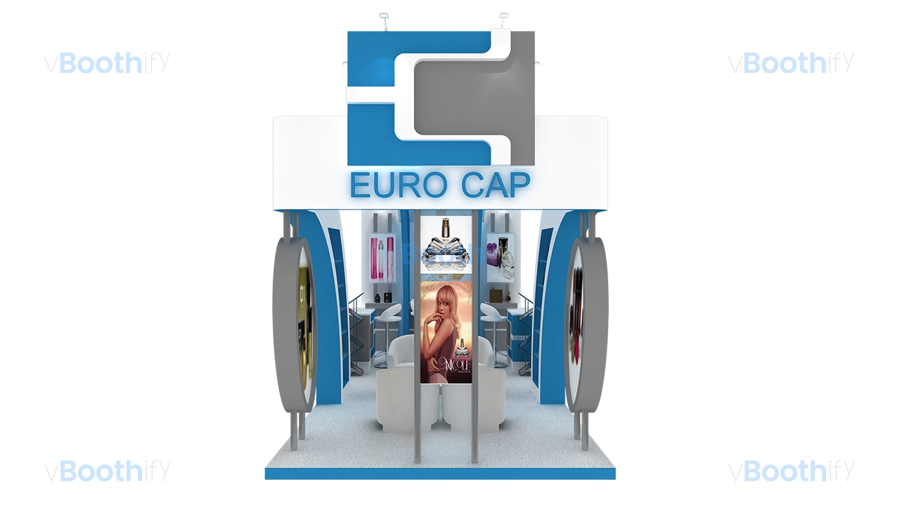 Front elevation view of a blue and white exhibition stand 3D model with central branding and circular lightboxes.