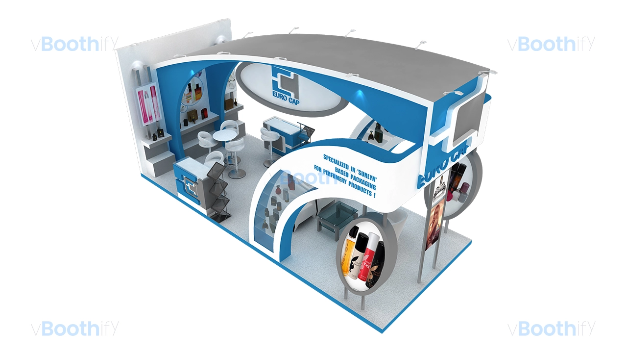 Aerial perspective 3D booth model showing the roof canopy layout, internal meeting area, and product shelves.
