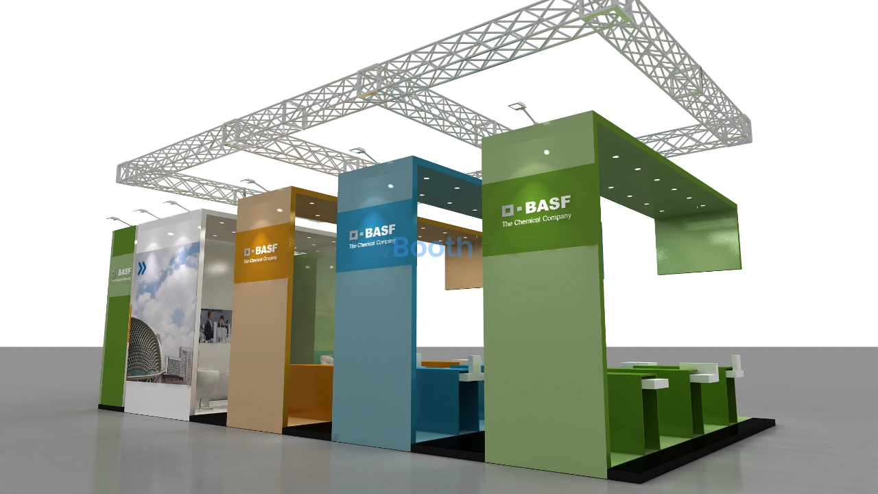 Front elevation of a free download 3D exhibition booth model showing green, blue, and orange archways with a metal truss.
