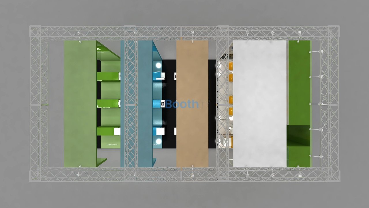 Low angle close-up of an editable 3D booth model featuring colored overhead canopies with recessed lighting and logos.