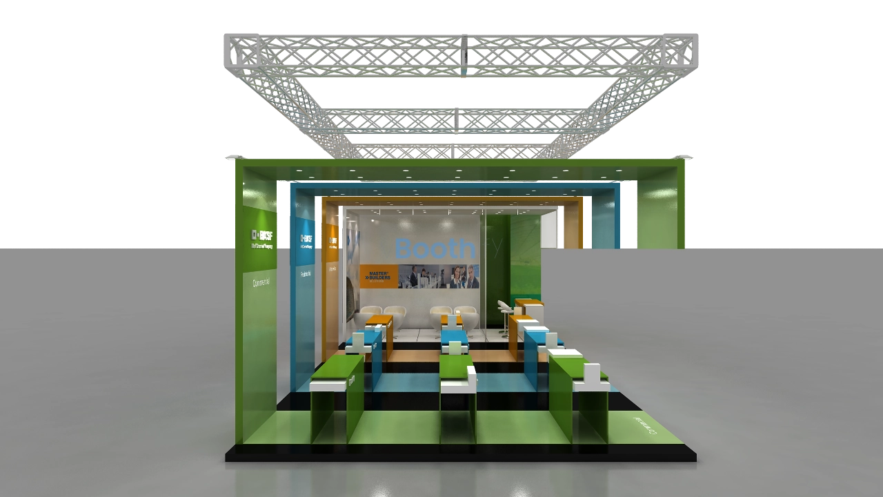 Elevated right isometric view of a Blender 3D booth model showing colored arches and a glass-enclosed meeting room.