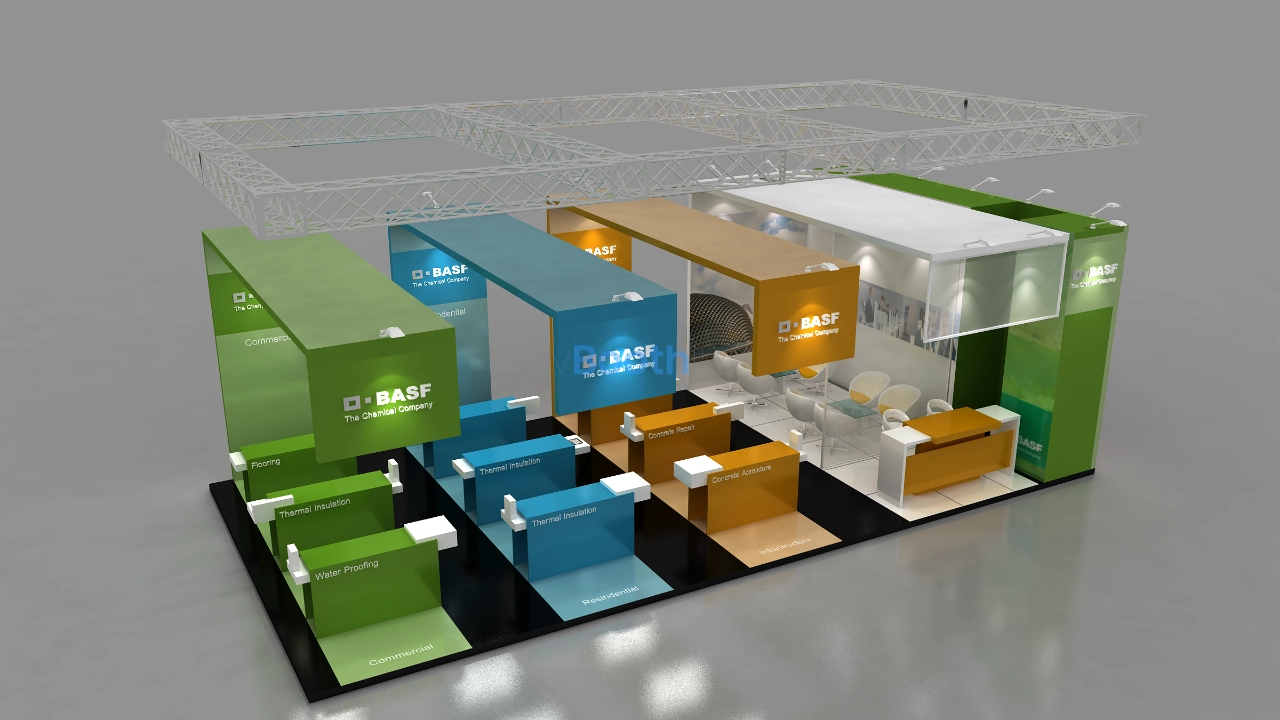 Elevated left isometric perspective of a free download 3D booth model displaying a large exterior graphic wall and arches.