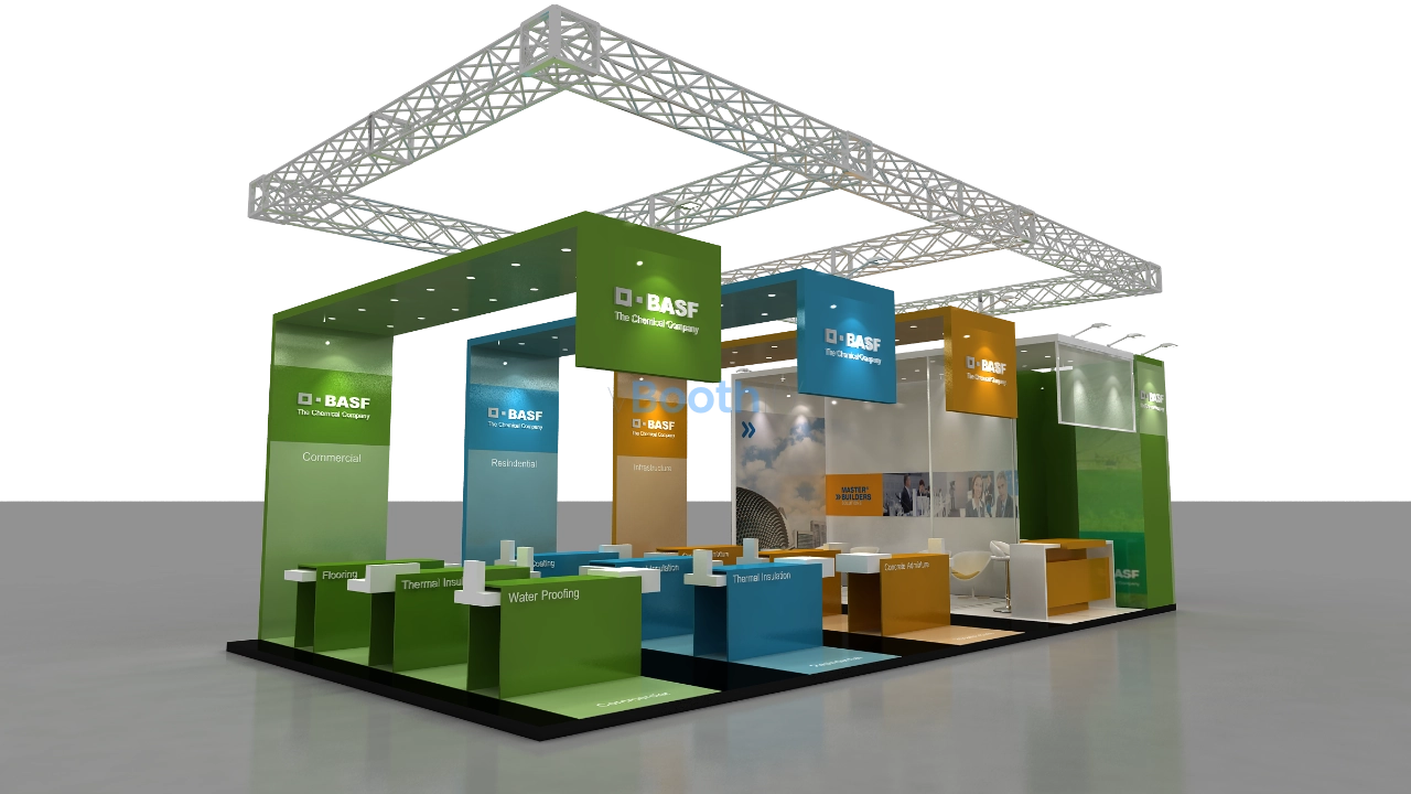 Low angle rear perspective of an editable exhibition stand design showing solid colored back panels and overhead truss.