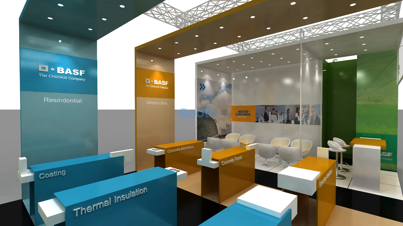 Elevated rear elevation of a free download exhibition stand design highlighting solid vertical walls and a dome graphic.