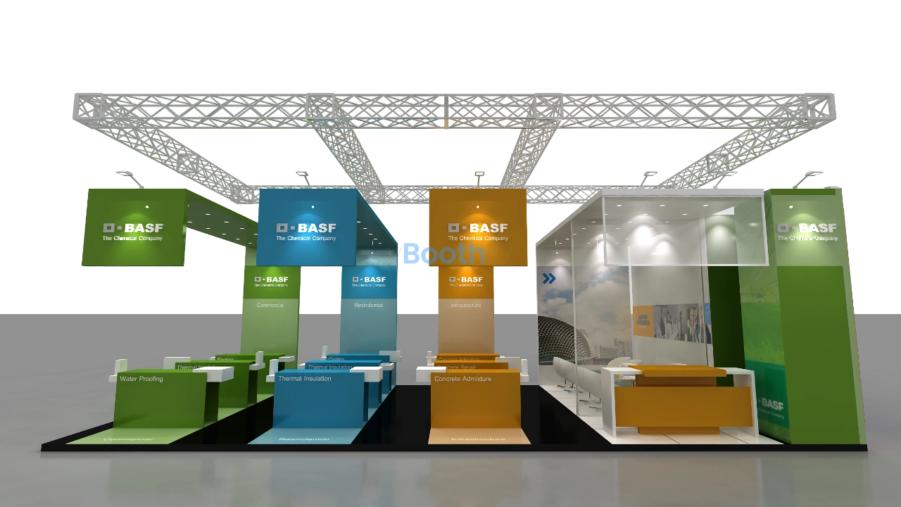 High angle rear right isometric view of a 3D booth model displaying continuous exterior graphic walls and truss rig.