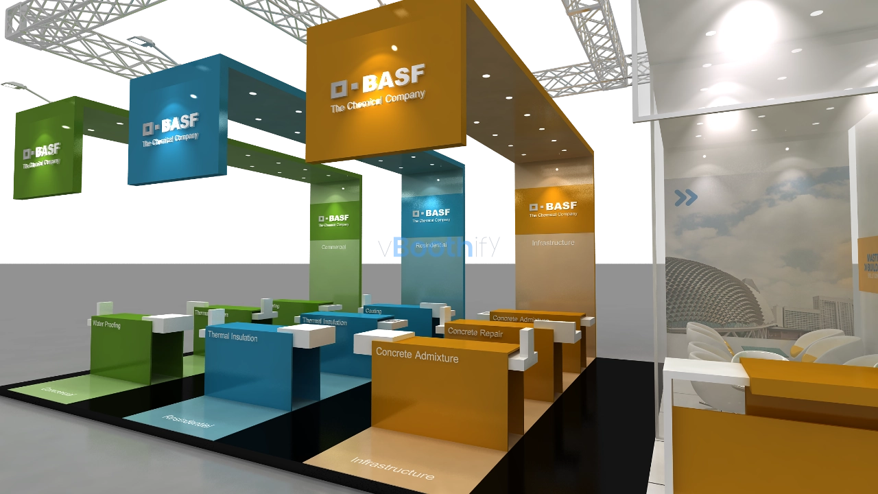 Low angle front right perspective of a Blender 3D booth model highlighting orange and blue arches with product counters.