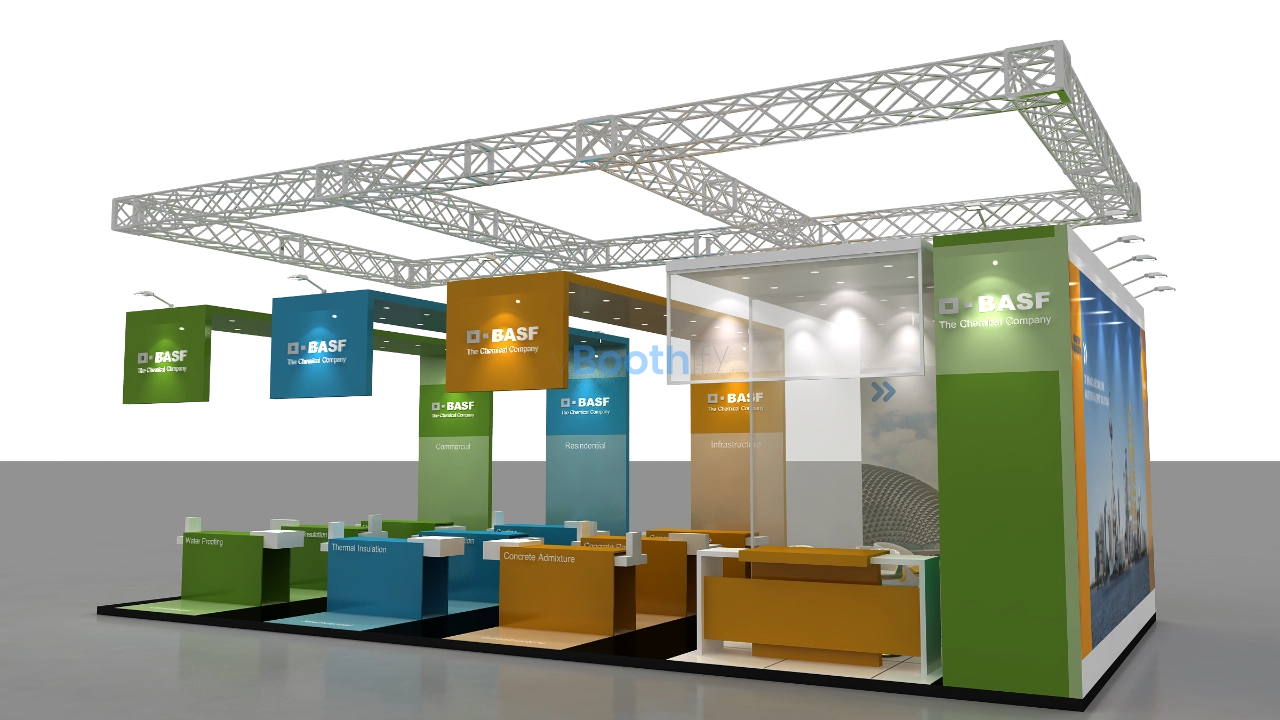 Eye-level left corner view of an editable 3D booth model showing green, blue, and orange zones with a meeting room.