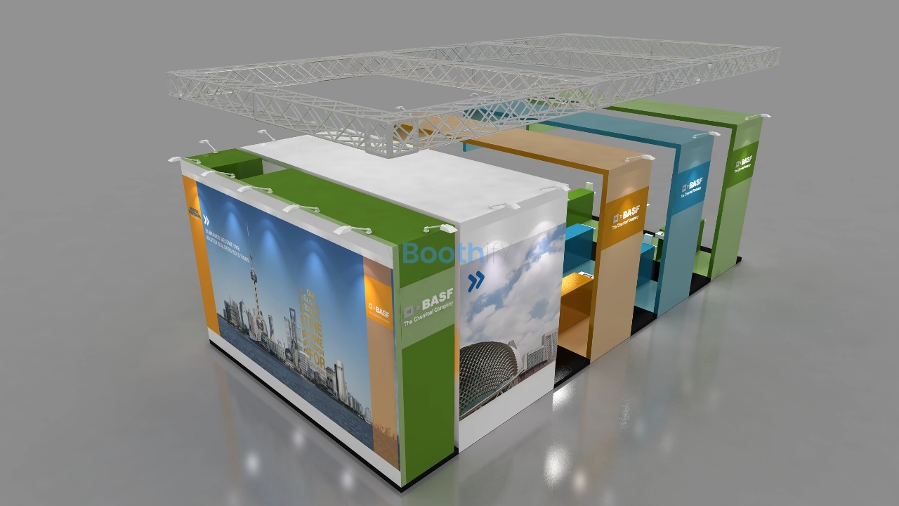 Slightly elevated front right wide view of a free download 3D booth model featuring a glass meeting room and reception.