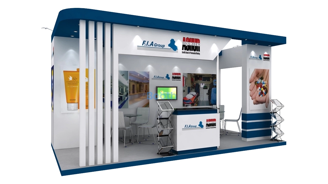 Isometric perspective of a free downloadable 3D booth model showing a navy canopy, white walls, and consultation layout.