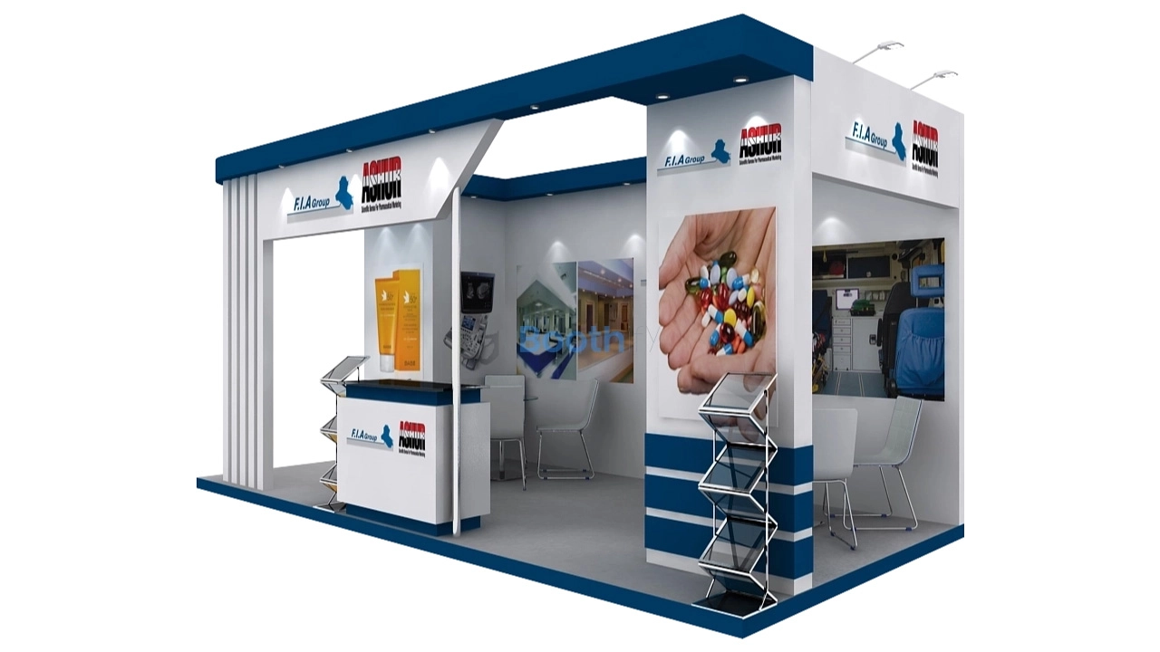 Front elevation of an editable 3D booth model featuring white slatted pillars, a reception desk, and recessed lights.