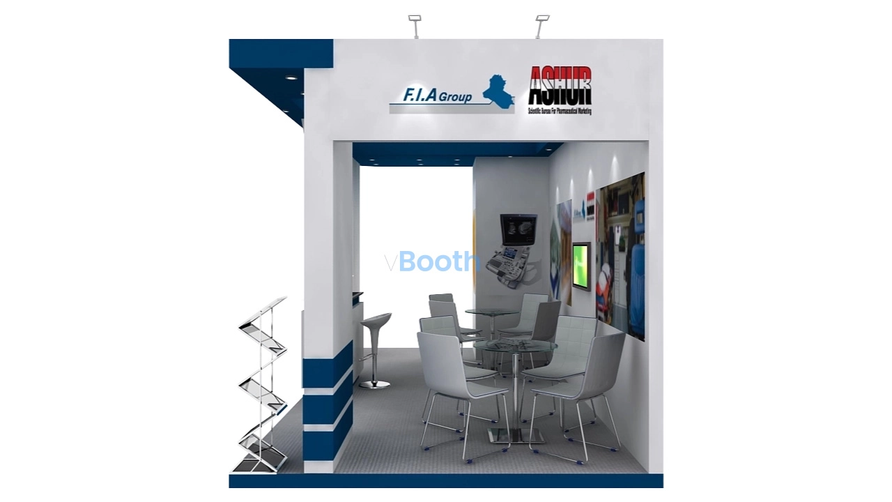 Right corner perspective of a 3D booth model render reference showing medical graphic lightboxes and zig-zag brochure stands.