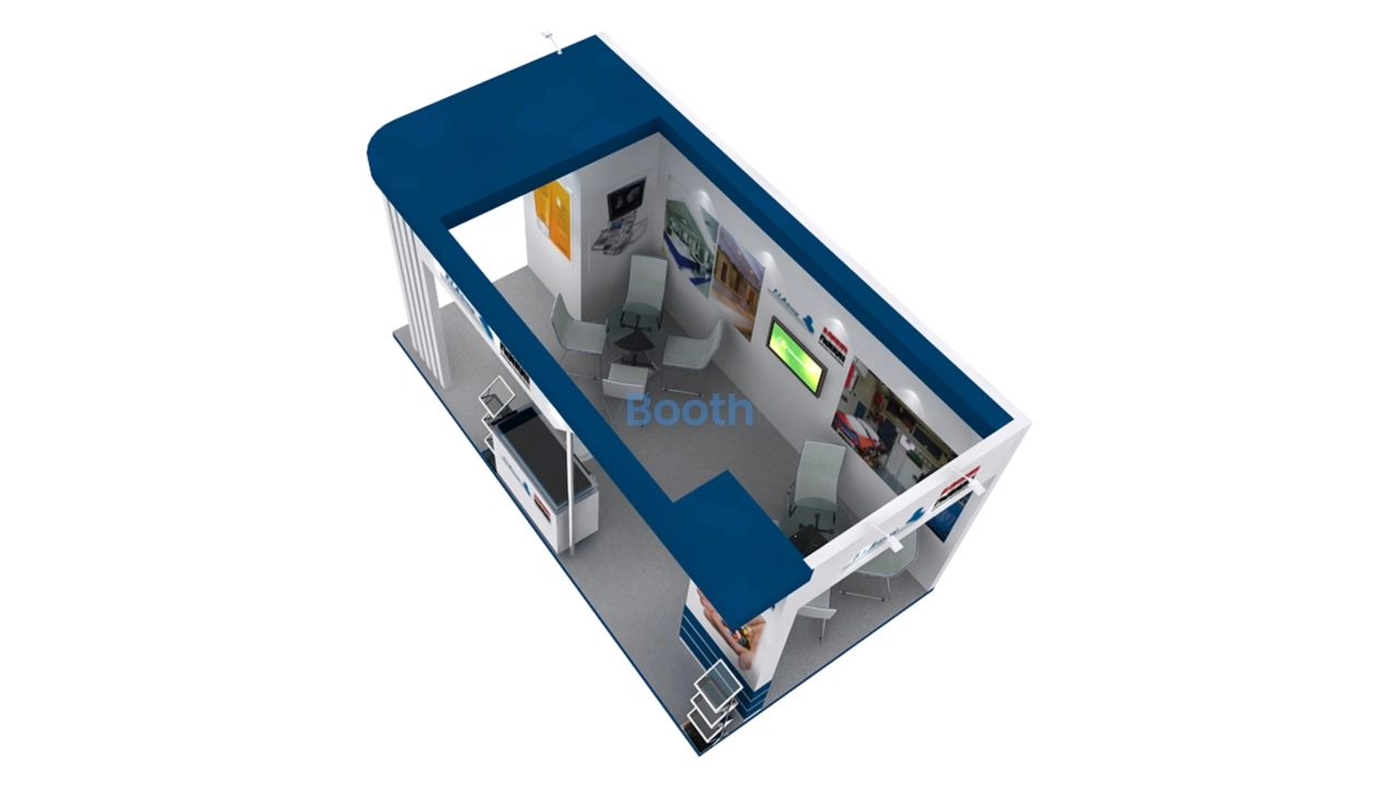 Left corner view of an exhibition stand design in Blender, emphasizing the architectural white vertical slats and navy canopy.