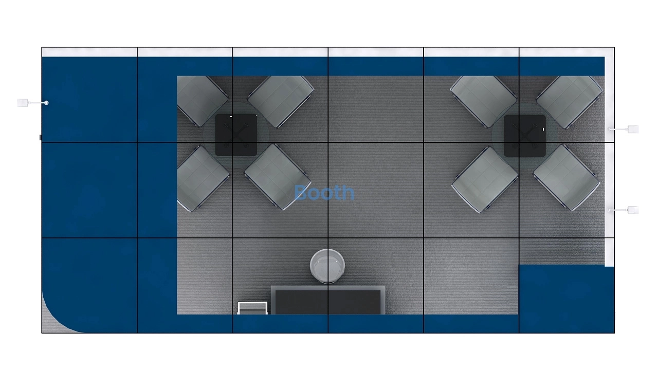 Interior side profile of a free download 3D booth model, detailing glass meeting tables, white seating, and arm lights.