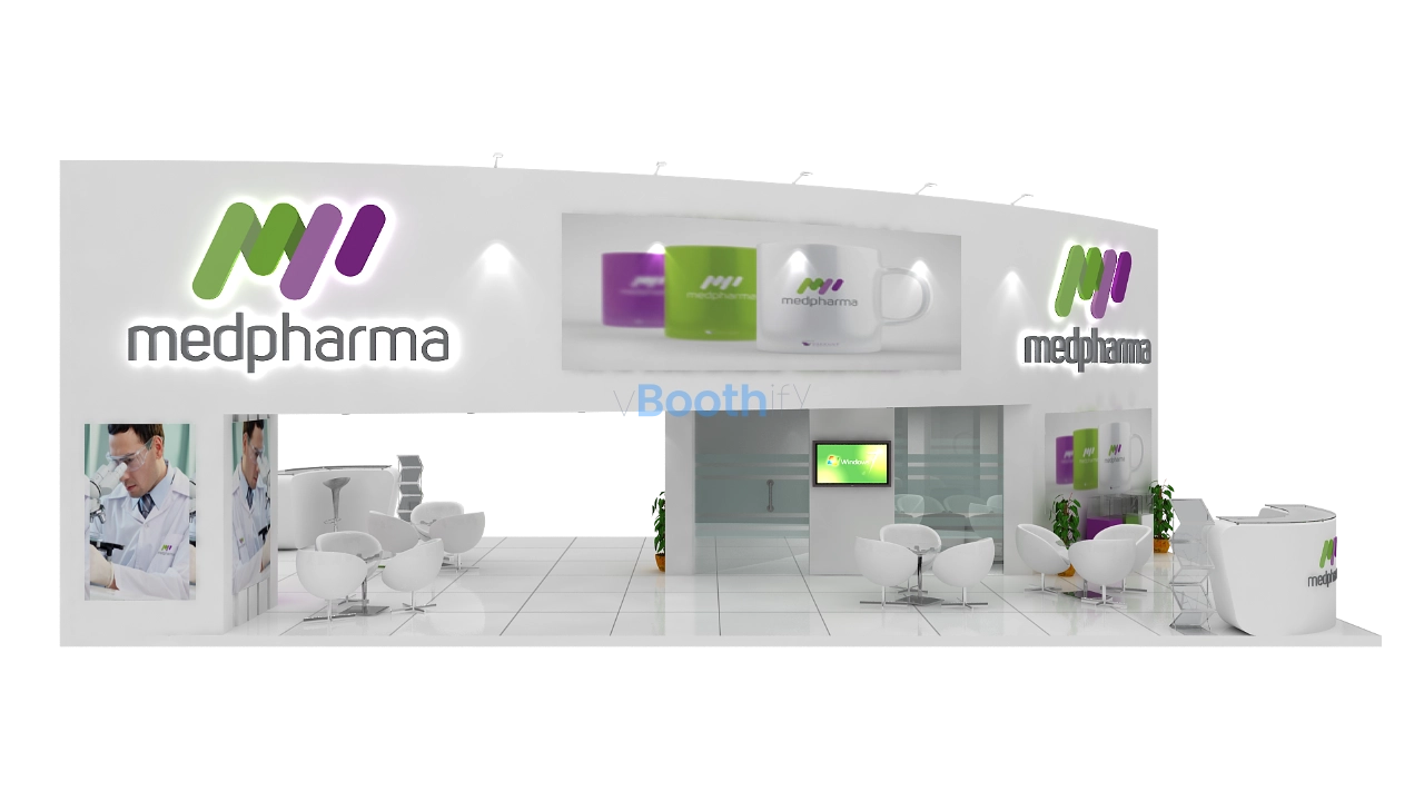 Front perspective of a white 3D booth model with backlit green and purple logos, mug graphics, and reception desk.