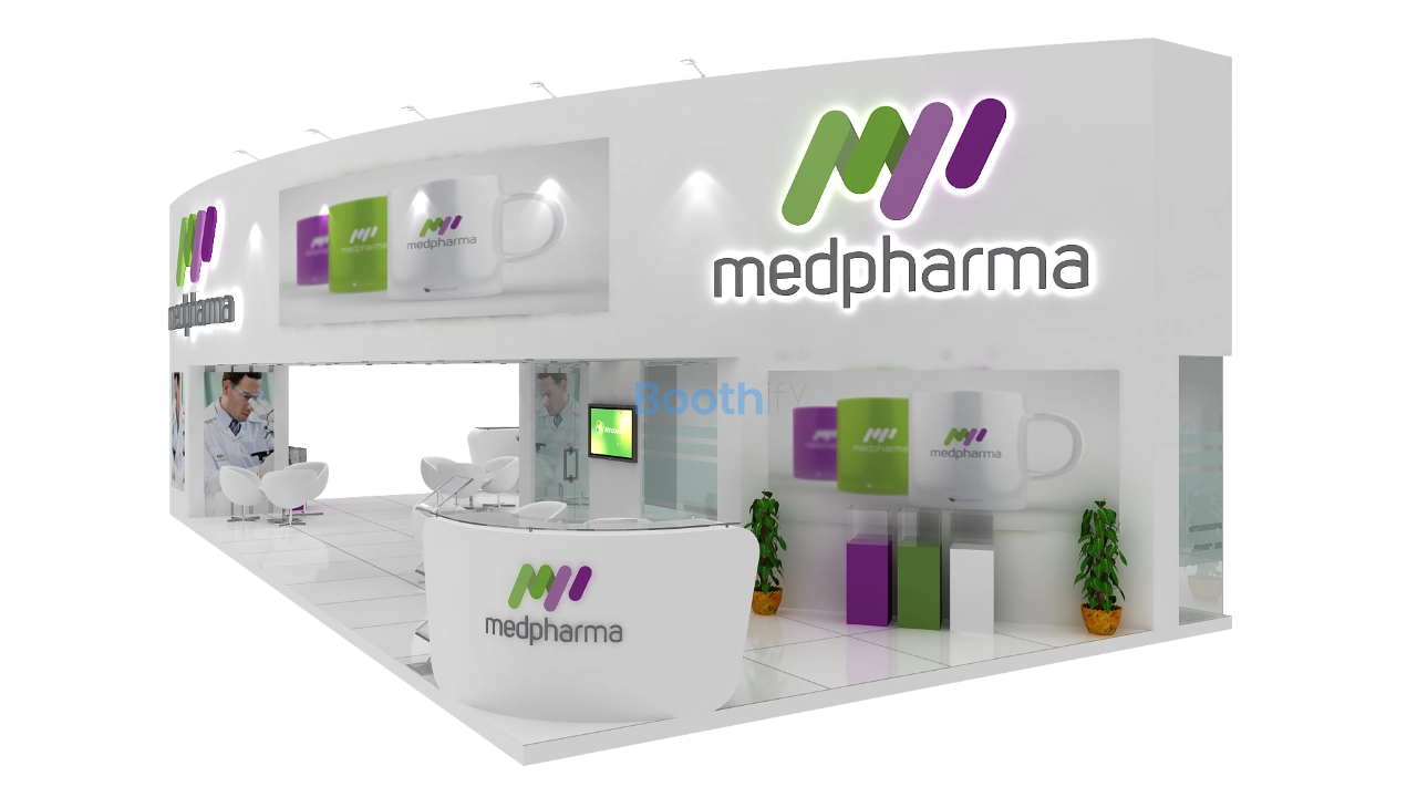 Right corner view of an editable exhibition stand design with a curved reception desk, product pedestals, and chairs.