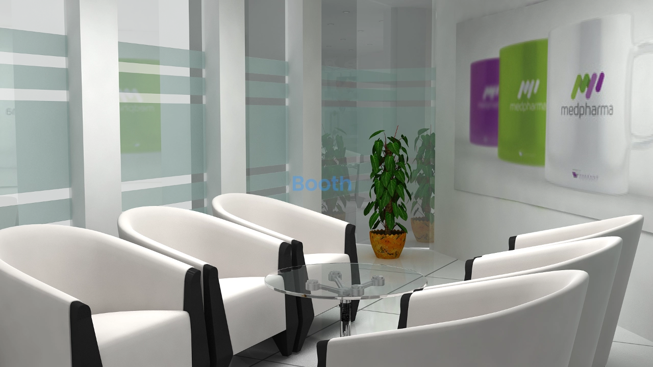 High-angle aerial view of a 3D booth render reference showing curved wall architecture and repeating logo backwall.