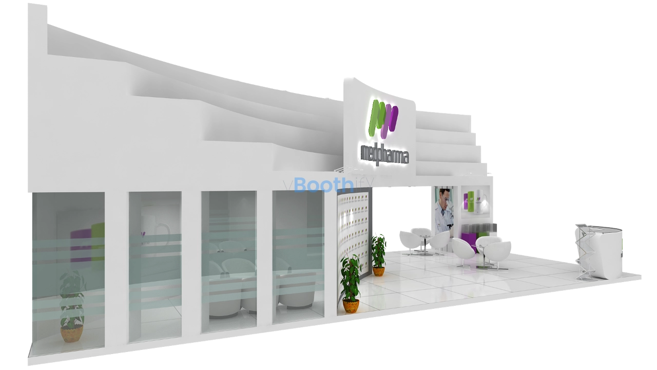 Rear exterior view of a 3D booth model for Blender showing stepped white walls and frosted glass meeting room panels.